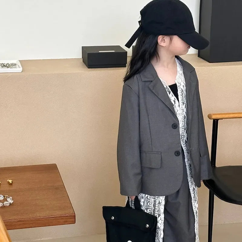 Girls Grey Suit Spring 2026 Casual Loose Blazer Skirt Two Pieces School Uniform for Kids Wedding Party Formal Costumes 2-13 Year