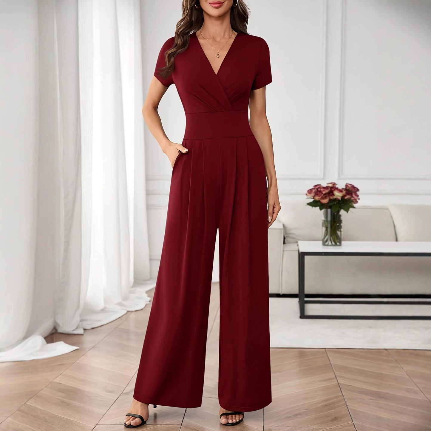 Jumpsuit Manga Corta Plisado Pierna Ancha - Mujer Elegante