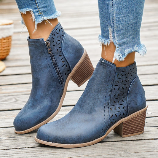Botas Punta Fina Tacón Grueso Mujer - Estilo Británico Calado Monocromático