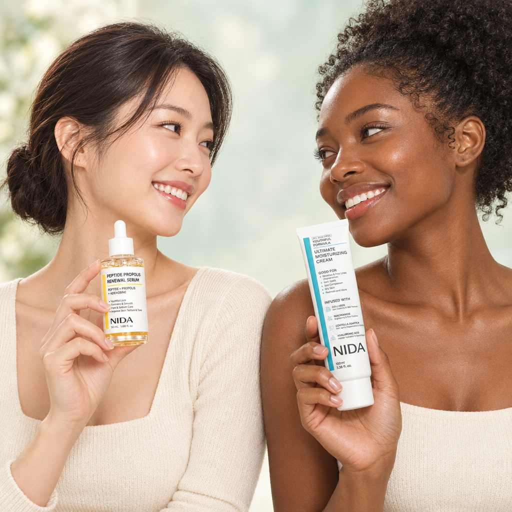 Dos modelos con el sérum renovador y la crema Ultimate NIDA