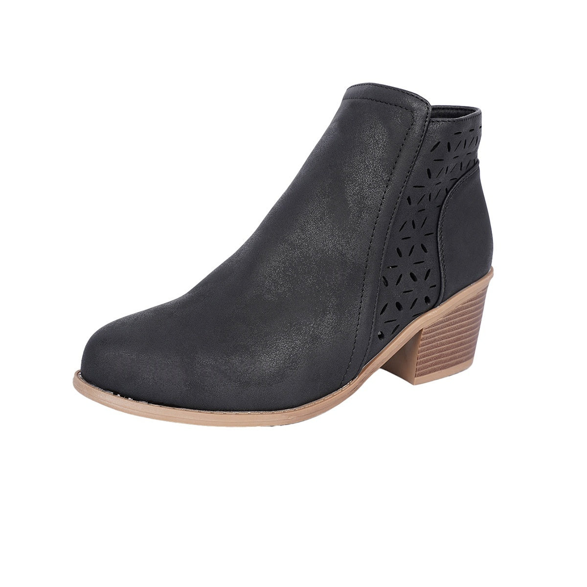 Botas Punta Fina Tacón Grueso Mujer - Estilo Británico Calado Monocromático