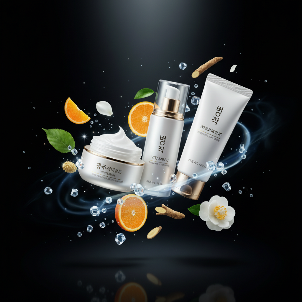 Set crema blanqueadora con ingredientes aclarantes fondo oscuro