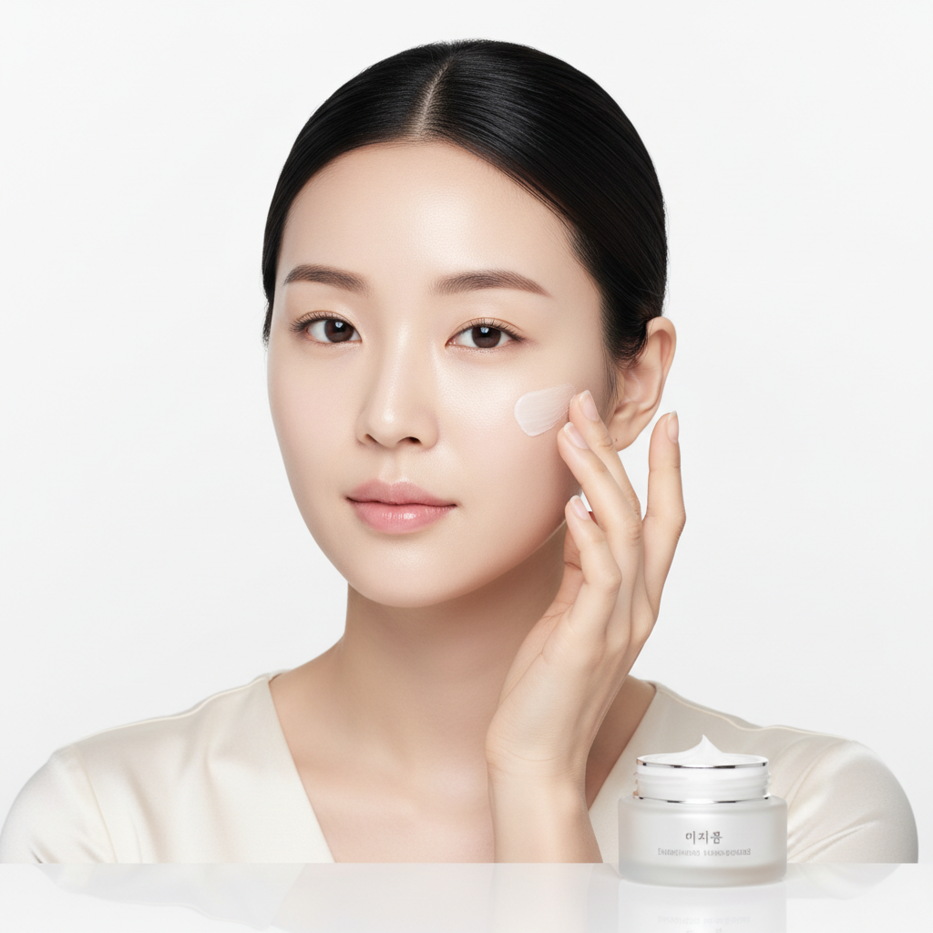 Modelo con piel luminosa sin manchas aplicando crema blanqueadora
