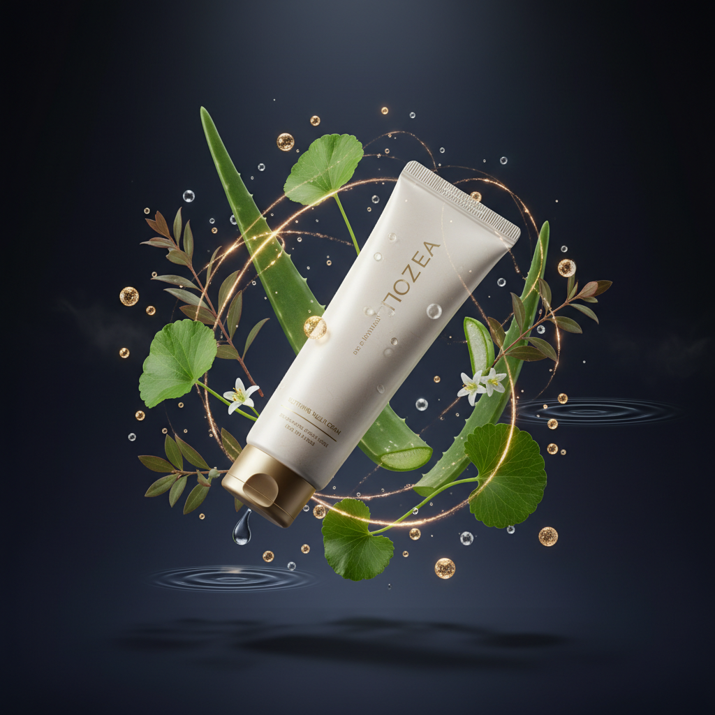 Crema calmante 345 con extractos botánicos fondo oscuro