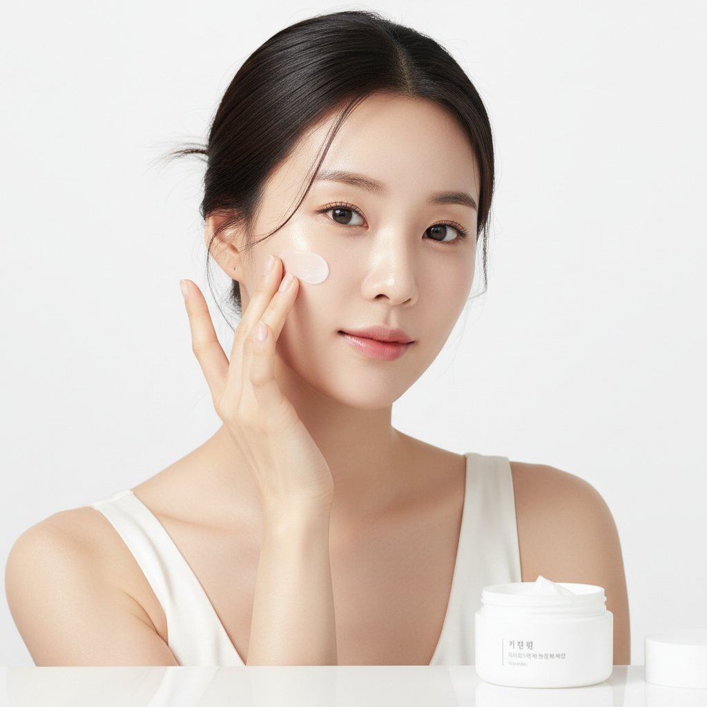 Modelo con piel firme y radiante aplicando crema coreana