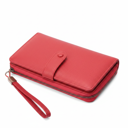 Billetera larga expandible roja porta pasaporte fondo blanco
