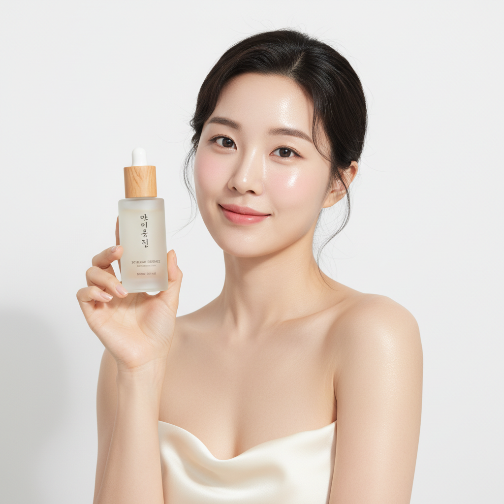 Modelo coreana con glass skin sosteniendo esencia Mixsoon Bean