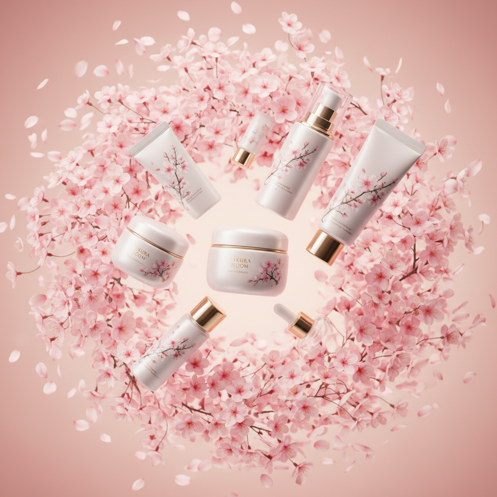 Set Sakura flotando con pétalos de cerezo fondo rosa