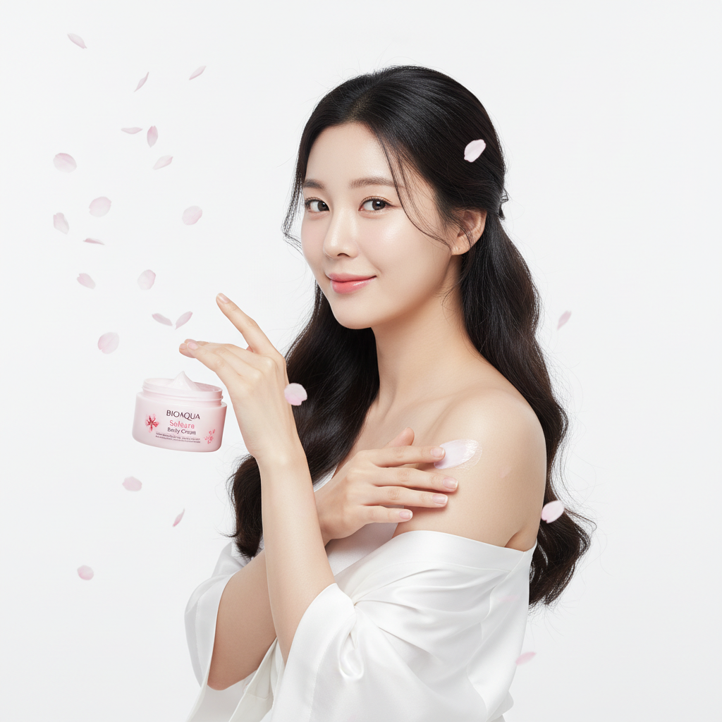 Modelo con piel sedosa aplicando crema sakura BIOAQUA