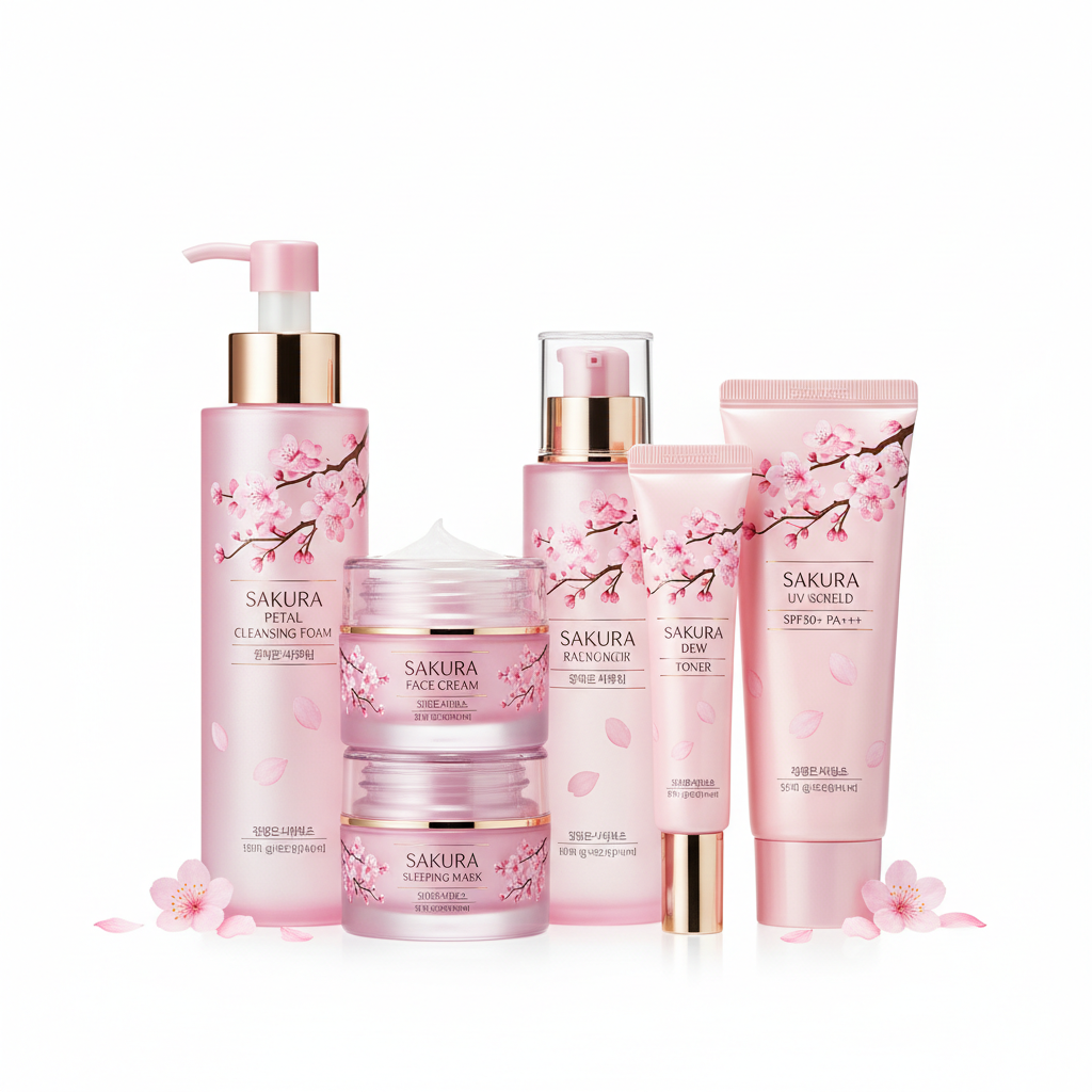 Set Sakura 6 piezas con protector solar fondo blanco