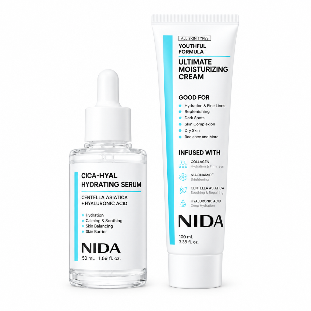 Kit NIDA con sérum hidratante y crema Ultimate sobre fondo blanco