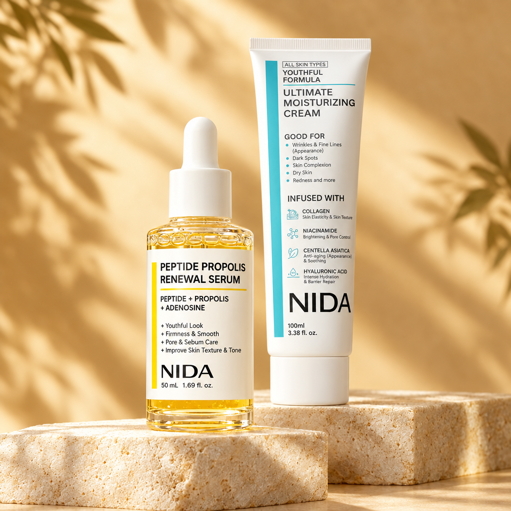 Kit NIDA renovador y crema Ultimate en composición decorativa