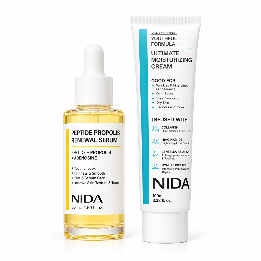Kit NIDA renovador y crema Ultimate sobre fondo blanco