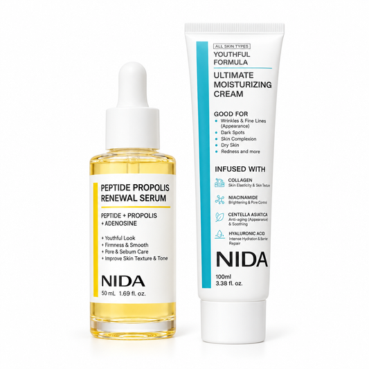 Kit NIDA renovador y crema Ultimate sobre fondo blanco