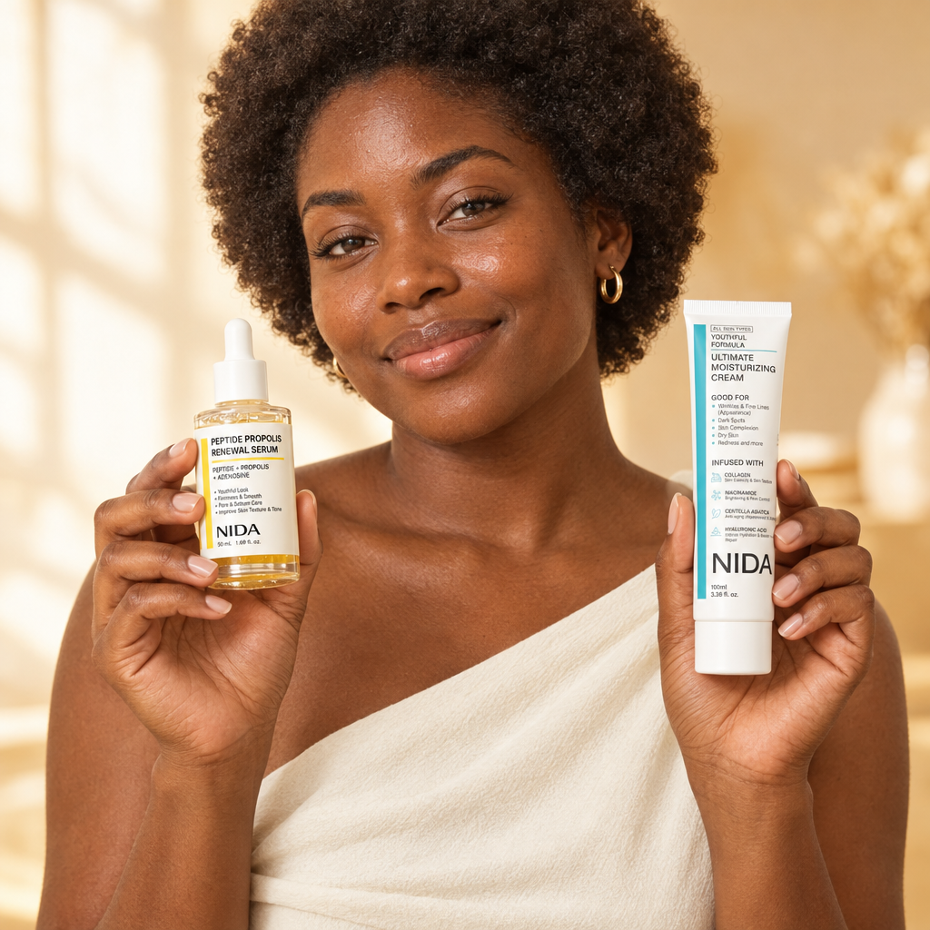 Modelo sosteniendo el kit NIDA renovador y crema Ultimate