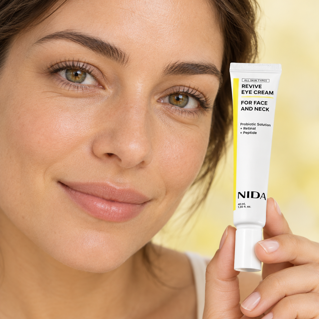 Primer plano de ojos con contorno NIDA Revive Eye Cream